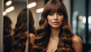 How to Style Long Hair with Bangs: A long-haired figure styles bangs, using a comb and hair products. Mirror reflects satisfaction